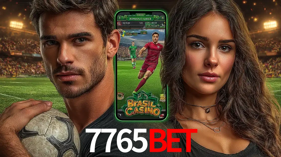 Homem segurando uma bola de futebol e uma mulher ao lado de um smartphone exibindo o jogo de apostas esportivas da 7765bet. Faça seu palpite no cassino online.